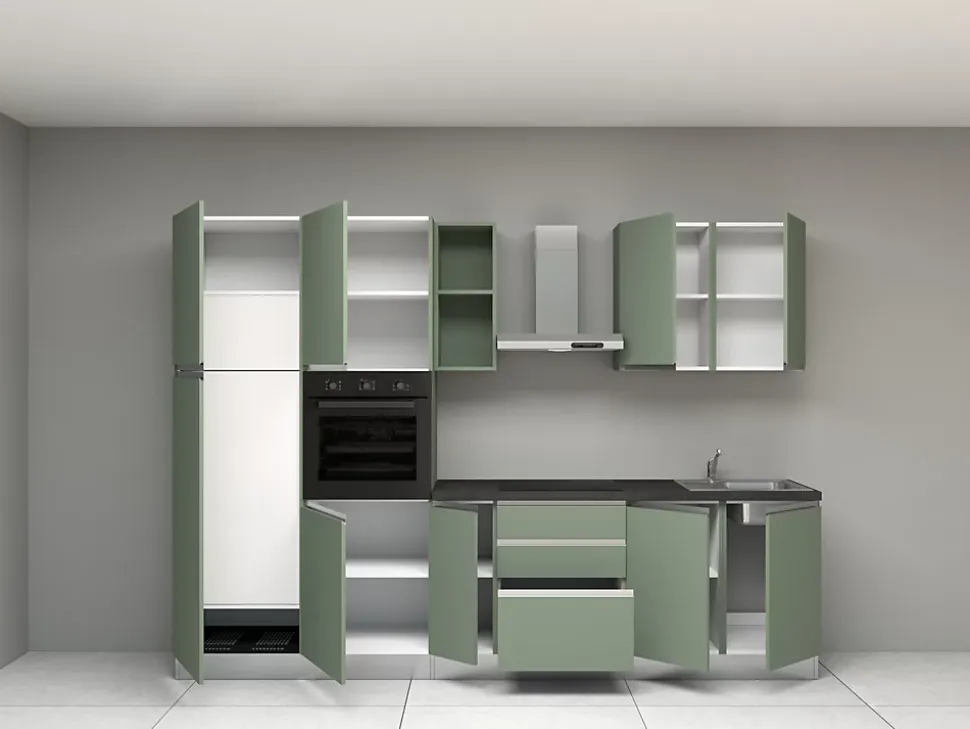 Cuisine complète montée All in Salvia vert L. 300 cm avec électroménager