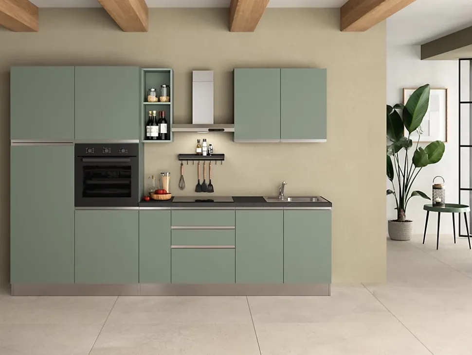 Cuisine complète montée All in Salvia vert L. 300 cm avec électroménager