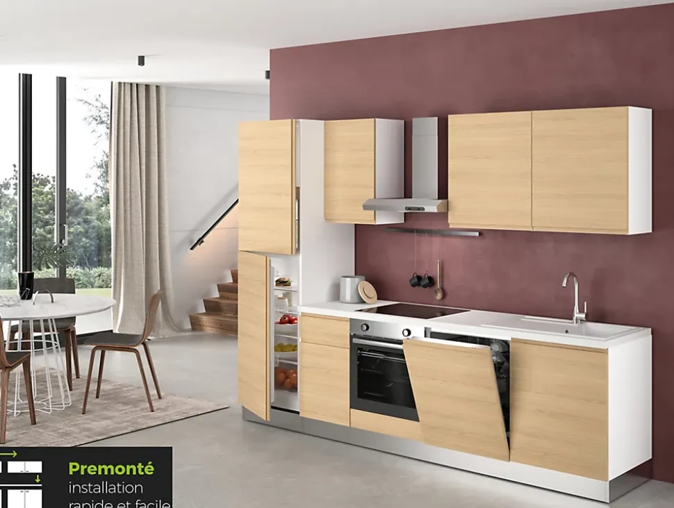 Cuisine complète montée All In Carla imitation chêne L. 285 cm avec électroménager