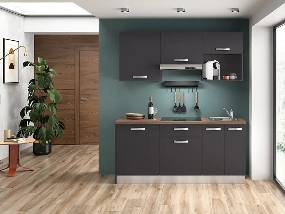 Cuisine complète montée All in gris anthracite L. 180 cm avec électroménager