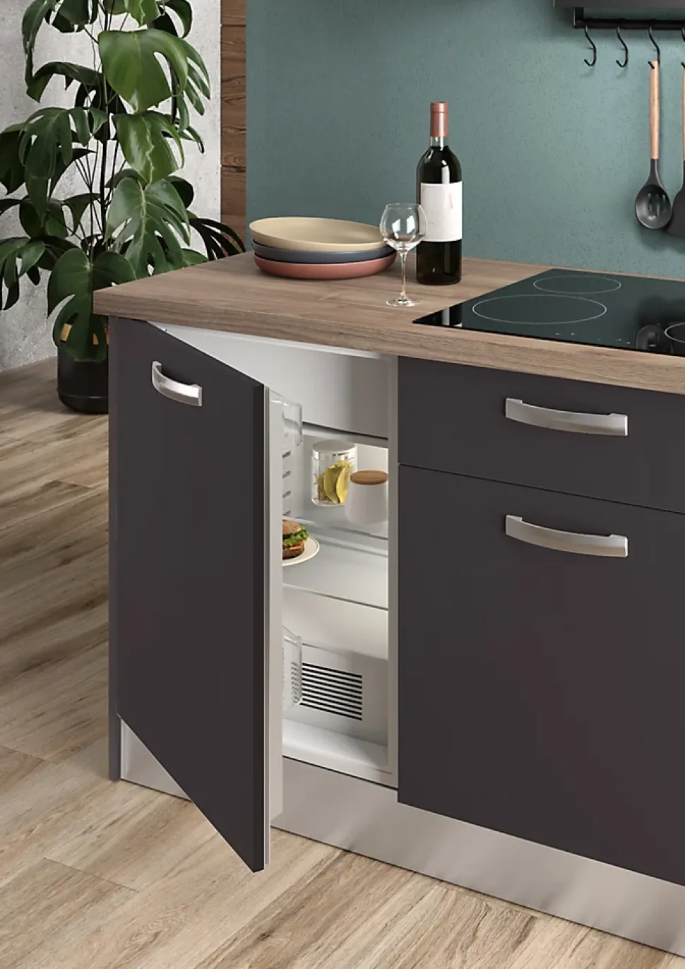 Cuisine complète montée All in gris anthracite L. 180 cm avec électroménager