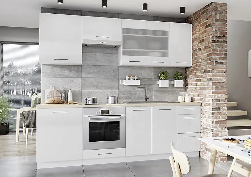 Cuisine complète Vera 8 éléments blanc brillant L 240 cm sans plan de travail