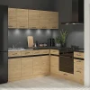 Cuisine d'angle complète 200x200 cm, Meubles de cuisine modulables coloris Chêne bernstein, plan de travail Noir inclus