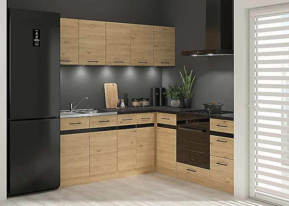 Cuisine d'angle complète 200x200 cm, Meubles de cuisine modulables coloris Chêne bernstein, plan de travail Noir inclus