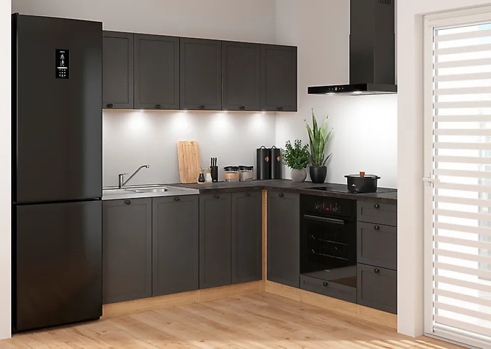 Cuisine d'angle complète 200x200 cm, Meubles de cuisine modulables coloris Gris graphite/Chêne bernstein, plan de travail inclus