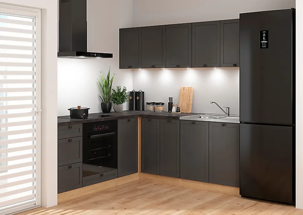 Cuisine d'angle complète 200x200 cm, Meubles de cuisine modulables coloris Gris graphite/Chêne bernstein, plan de travail inclus