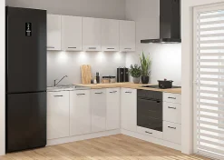 Cuisine d'angle complète 200x200 cm, Meubles de cuisine modulables coloris Blanc/Craie brillant, plan de travail chêne doré inclus