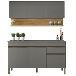 Cuisine Equipée - LINE - 6 Portes 1 Tiroir - Imitation Chêne et Gris - L 150 x H 200 cm