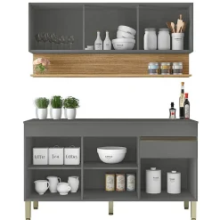 Cuisine Equipée - LINE - 6 Portes 1 Tiroir - Imitation Chêne et Gris - L 150 x H 200 cm