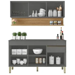 Cuisine Equipée - LINE - Imitation Chêne et Gris - 6 Portes - 1 Tiroir - L 120 x H 200 cm