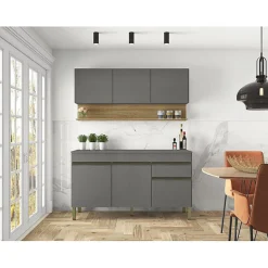 Cuisine Equipée - LINE - Imitation Chêne et Gris - 6 Portes - 1 Tiroir - L 150 x H 200 cm