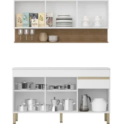 Cuisine Equipée - LINE - Imitation Chêne et Blanc - 6 Portes - 1 Tiroir - 9 Niches