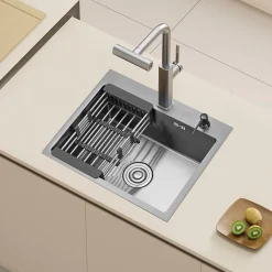 Cuisine Evier Simple en Acier Inoxydable 55x45x19 cm, avec Panier d'égouttage Télescopique, Distributeur de Savon en Acier