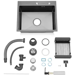 Cuisine Evier Simple en Acier Inoxydable 55x45x19 cm, avec Panier d'égouttage Télescopique, Distributeur de Savon en Acier