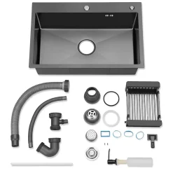 Cuisine Evier Simple en Acier Inoxydable 68x45x19 cm, avec Panier d'égouttage Télescopique, Distributeur de Savon en Acier