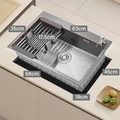 Cuisine Evier Simple en Acier Inoxydable 68x45x19 cm, avec Panier d'égouttage Télescopique, Distributeur de Savon en Acier