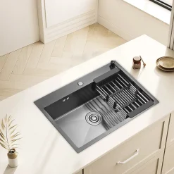 Cuisine Evier Simple en Acier Inoxydable 68x45x19 cm, avec Panier d'égouttage Télescopique, Distributeur de Savon en Acier