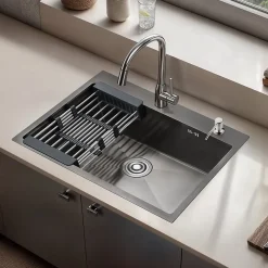 Cuisine Evier Simple en Acier Inoxydable 68x45x19 cm, avec Panier d'égouttage Télescopique, Distributeur de Savon en Acier