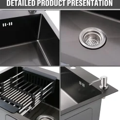 Cuisine Evier Simple en Acier Inoxydable 68x45x19 cm, avec Panier d'égouttage Télescopique, Distributeur de Savon en Acier