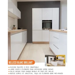 Cuisineandcie - Meuble haut de cuisine Bellissi Blanc Brillant 2 portes relevables avec vitre opaque L 90 cm