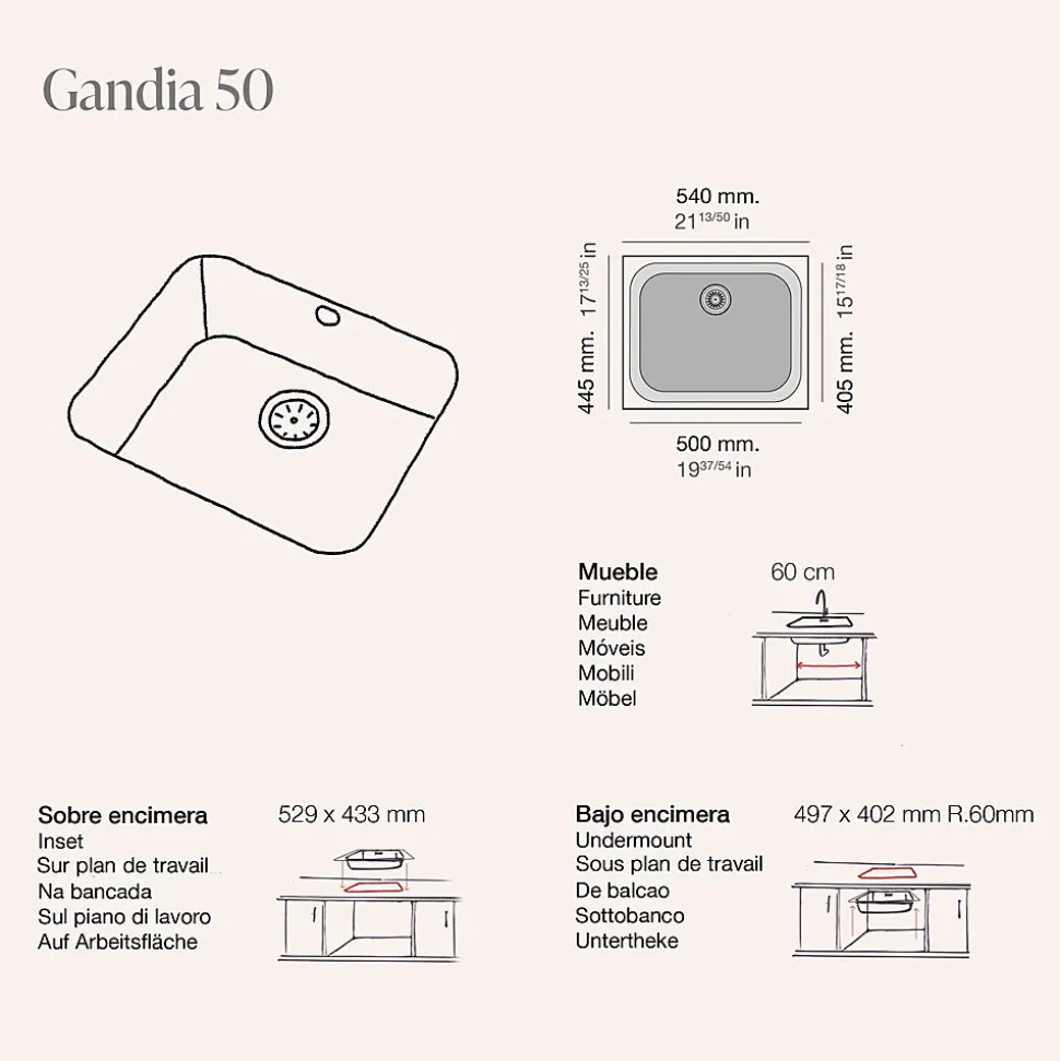 Cuve sous plan POALGI, GANDIA 194, Granit, Blanc Snow, 54 cm, 1 bac