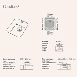 Cuve sous plan POALGI, GANDIA 192, Granit, Noir Basalt, 38 cm, 1 bac bonde noire