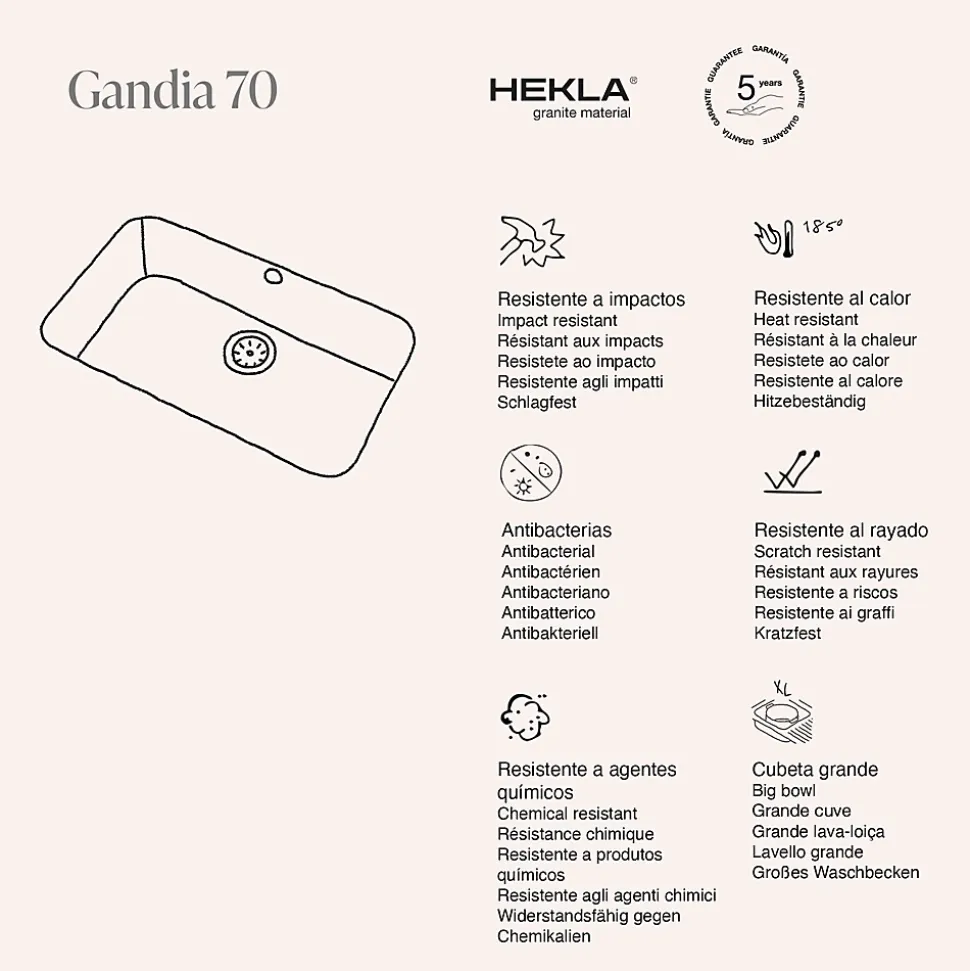 Cuve sous plan POALGI, GANDIA 195, Granit, Beige Pumice, 74 cm, 1 bac bonde noire