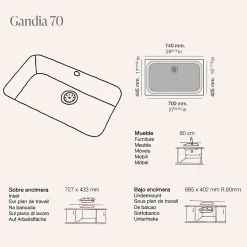 Cuve sous plan POALGI, GANDIA 195, Granit, Beige Pumice, 74 cm, 1 bac bonde noire