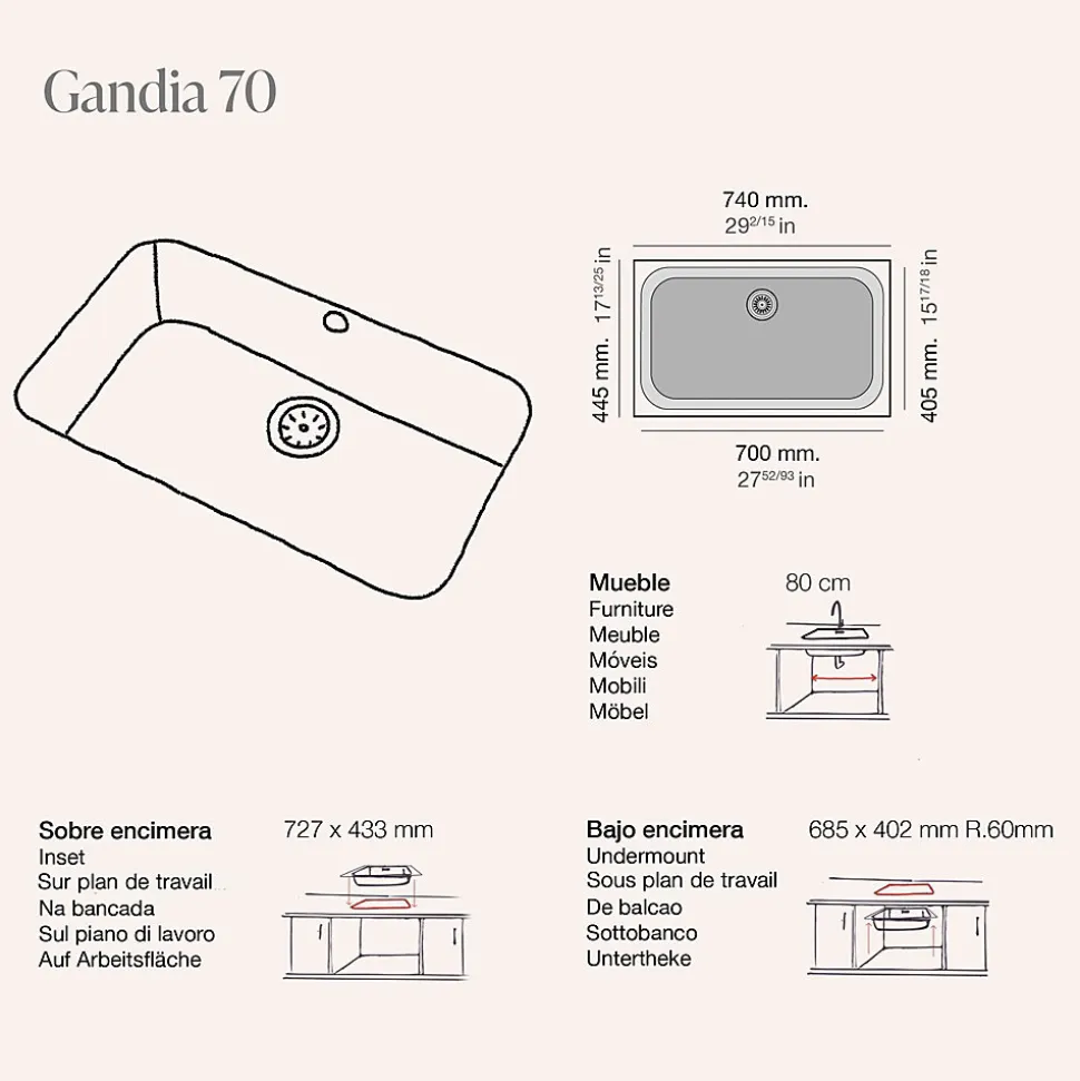 Cuve sous plan POALGI, GANDIA 195, Granit, Beige Pumice, 74 cm, 1 bac bonde noire