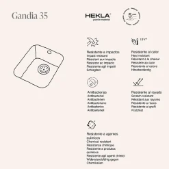 Cuve sous plan POALGI, GANDIA 192, Granit, Gris Ash, 38 cm, 1 bac bonde or