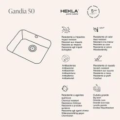 Cuve sous plan POALGI, GANDIA 194, Granit, Noir Basalt, 54 cm, 1 bac bonde or