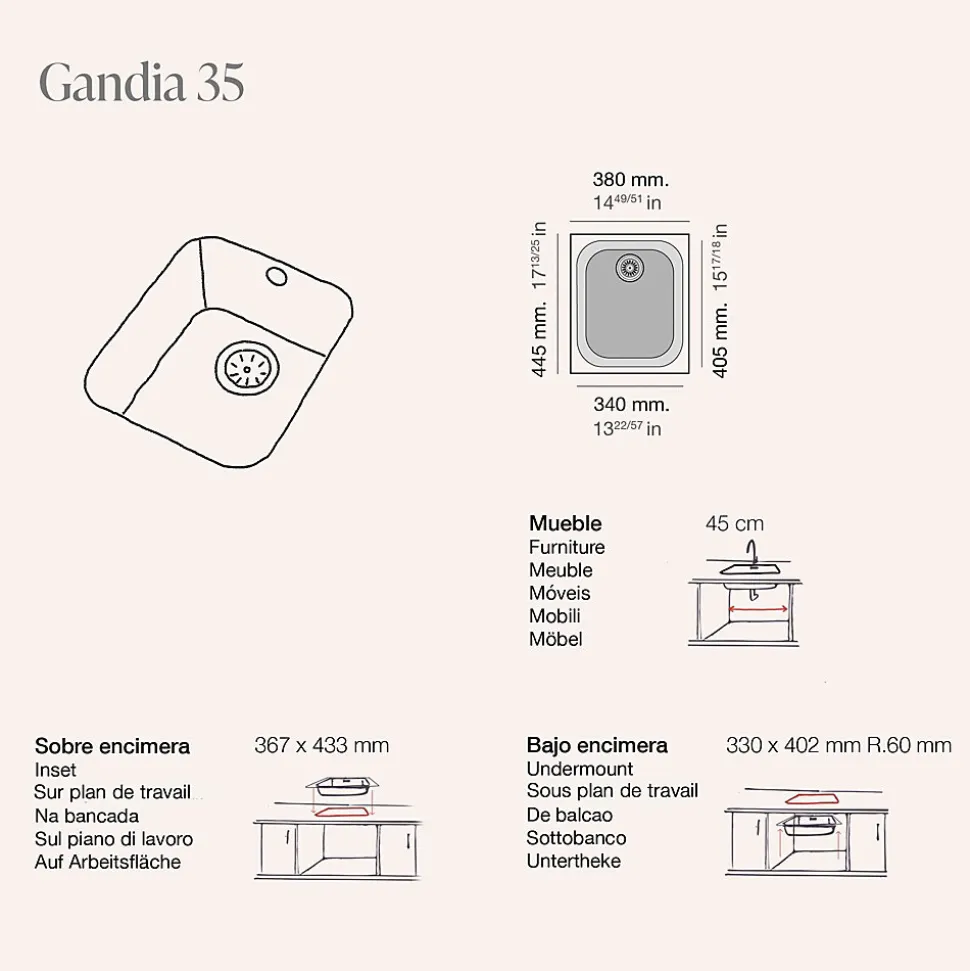 Cuve sous plan POALGI, GANDIA 192, Granit, Blanc Snow, 38 cm, 1 bac