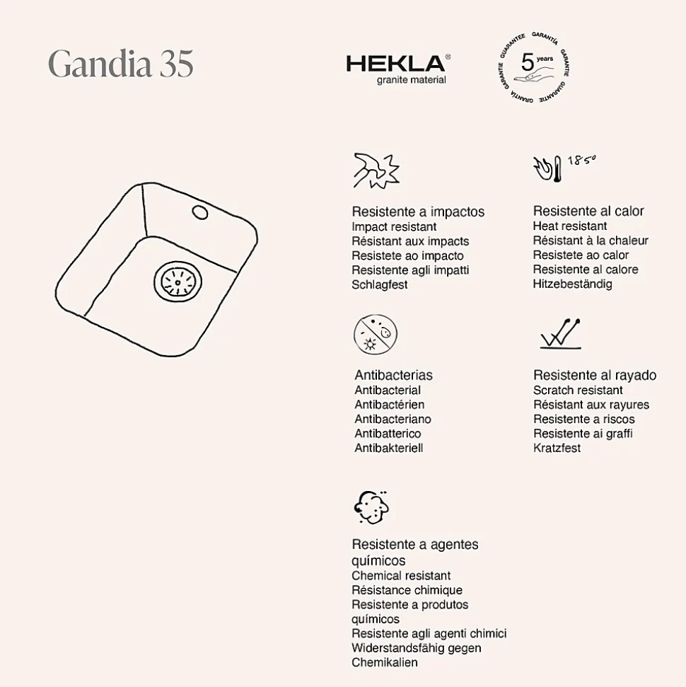 Cuve sous plan POALGI, GANDIA 192, Granit, Noir Basalt, 38 cm, 1 bac bonde or