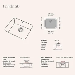 Cuve sous plan POALGI, GANDIA 194, Granit, Noir Basalt, 54 cm, 1 bac bonde noire