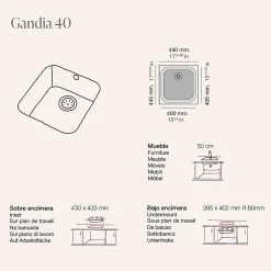 Cuve sous plan POALGI, GANDIA 193, Granit, Beige Pumice, 44 cm, 1 bac bonde or