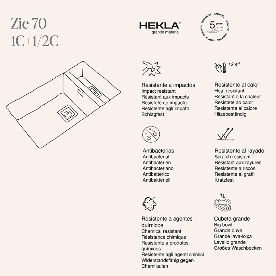 Cuve sous plan POALGI, ZIE 183, Granit, Gris Ash, 75 cm, 2 bacs