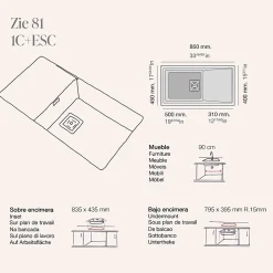 Cuve sous plan POALGI, ZIE 185, Granit, Beige Pumice, 85 cm, 1 bac et 1 égouttoir bonde or