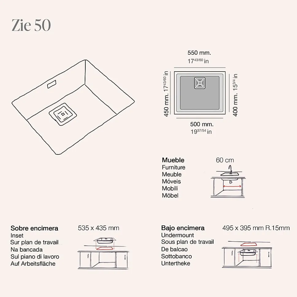 Cuve sous plan POALGI, ZIE 186, Granit, Beige Pumice, 55 cm, 1 bac