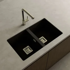 Cuve sous plan POALGI, ZIE 184, Granit, Noir Basalt, 75 cm, 2 bacs bonde or