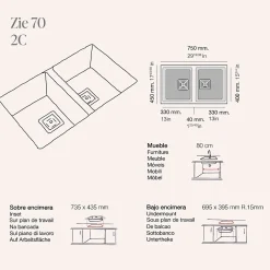Cuve sous plan POALGI, ZIE 184, Granit, Noir Basalt, 75 cm, 2 bacs bonde or