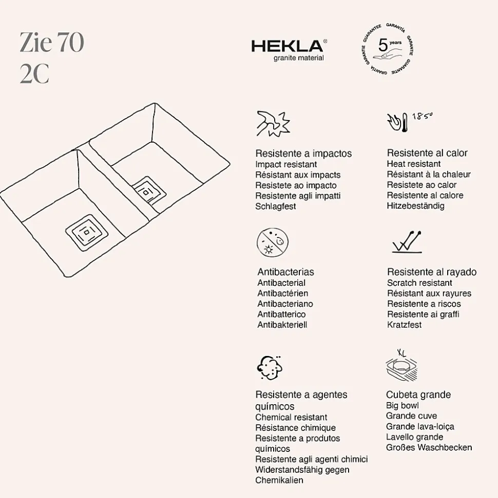 Cuve sous plan POALGI, ZIE 184, Granit, Noir Basalt, 75 cm, 2 bacs
