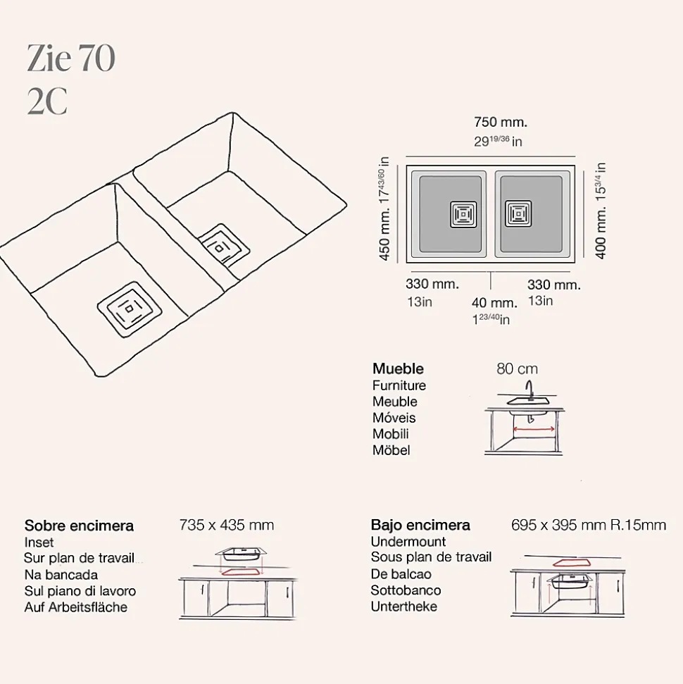 Cuve sous plan POALGI, ZIE 184, Granit, Gris Ash, 75 cm, 2 bacs