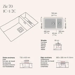 Cuve sous plan POALGI, ZIE 183, Granit, Blanc Snow, 75 cm, 2 bacs bonde or