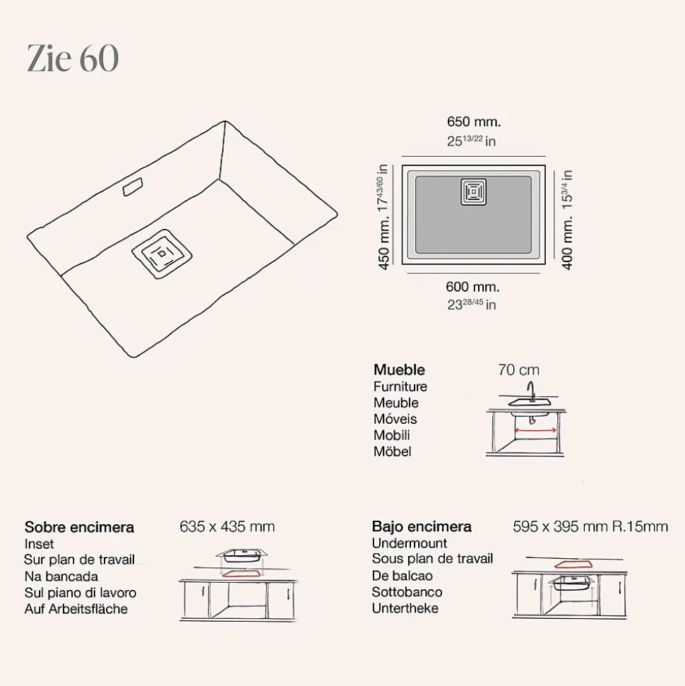Cuve sous plan POALGI, ZIE 182, Granit, Blanc Snow, 65 cm, 1 bac