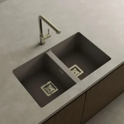 Cuve sous plan POALGI, ZIE 184, Granit, Gris Ash, 75 cm, 2 bacs bonde or