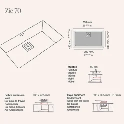 Cuve sous plan POALGI, ZIE 187, Granit, Blanc Snow, 75 cm, 1 bac bonde or