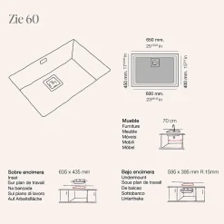 Cuve sous plan POALGI, ZIE 182, Granit, Blanc Snow, 65 cm, 1 bac bonde or