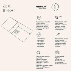 Cuve sous plan POALGI, ZIE 185, Granit, Noir Basalt, 85 cm, 1 bac et 1 égouttoir