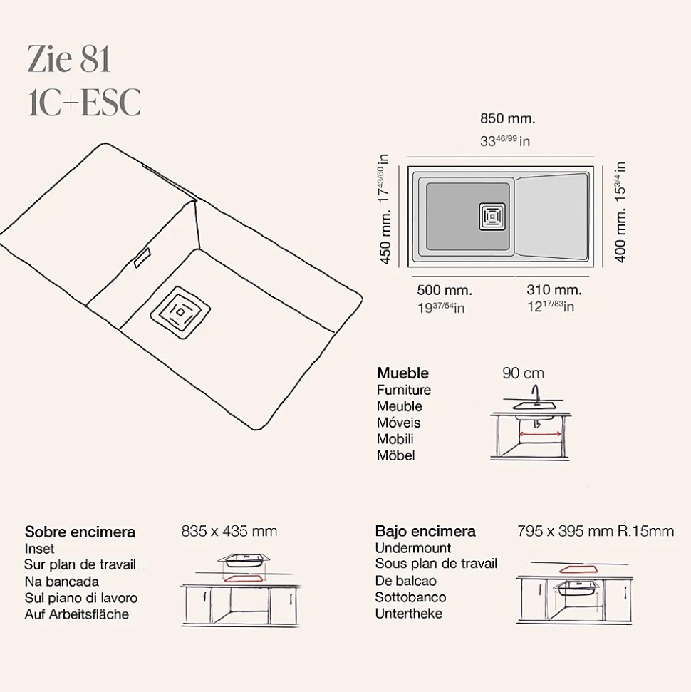 Cuve sous plan POALGI, ZIE 185, Granit, Noir Basalt, 85 cm, 1 bac et 1 égouttoir