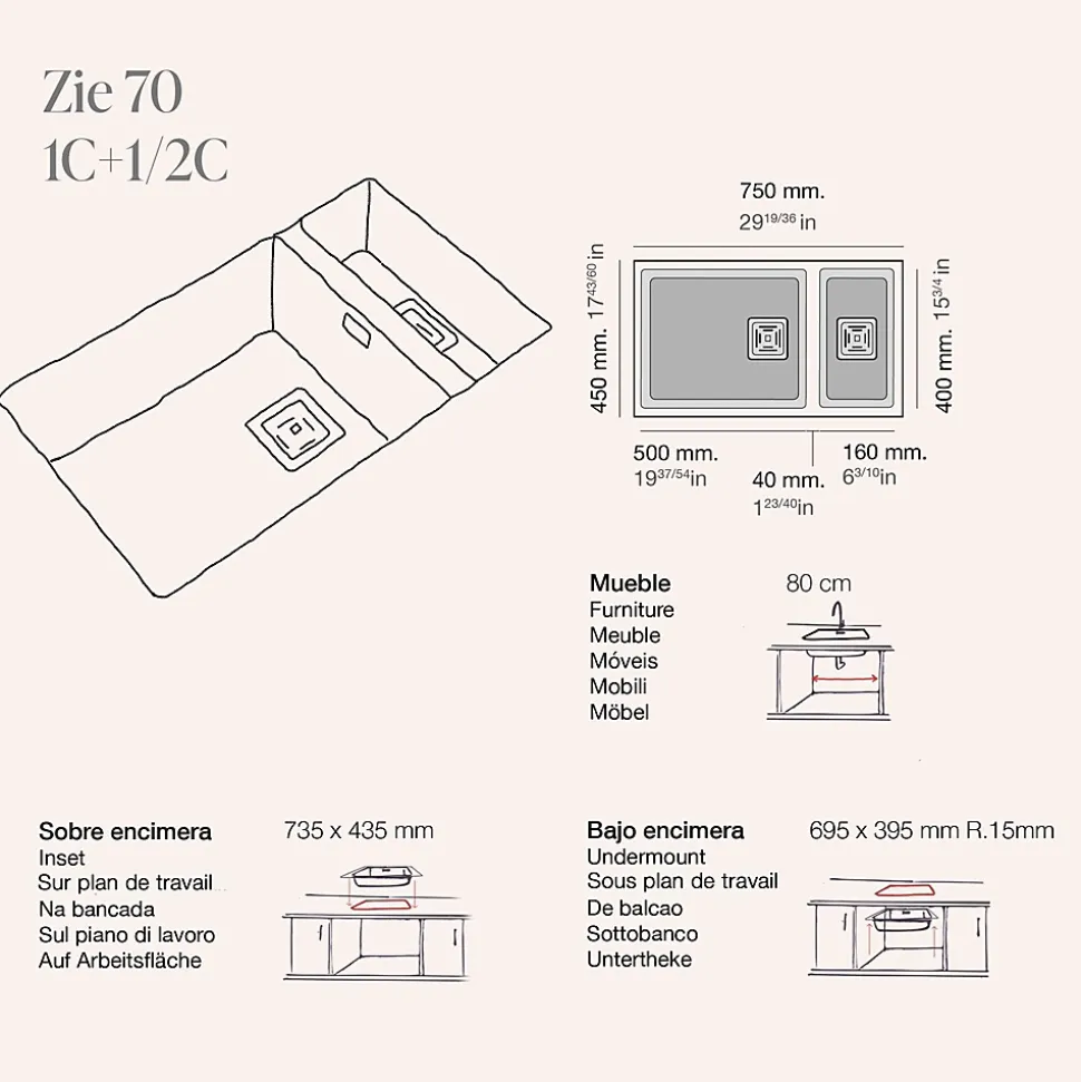 Cuve sous plan POALGI, ZIE 183, Granit, Beige Pumice, 75 cm, 2 bacs